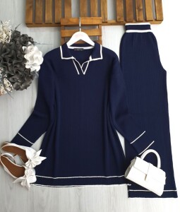 FONLE YAKALI İNCE BEYAZ GEÇİŞLİ DOKUMA TRİKO TAKIM A8-5-8146-12-LACİVERT - 