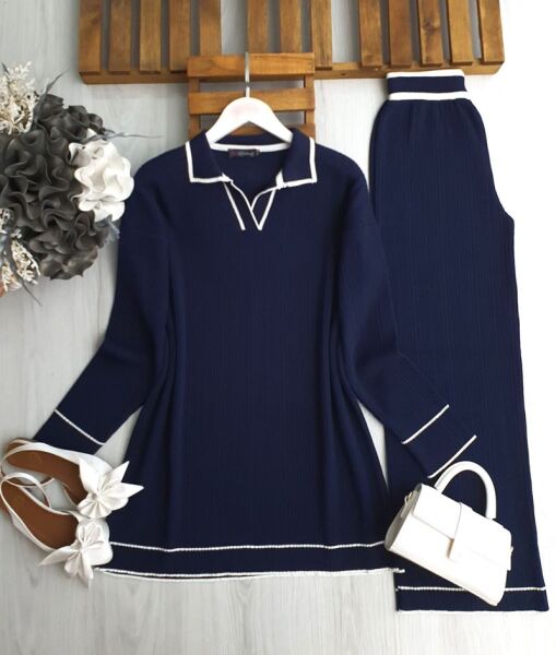 FONLE YAKALI İNCE BEYAZ GEÇİŞLİ DOKUMA TRİKO TAKIM A8-5-8146-12-LACİVERT - 1