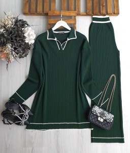 FONLE YAKALI İNCE BEYAZ GEÇİŞLİ DOKUMA TRİKO TAKIM A8-5-8146-27-ZÜMRÜT - 