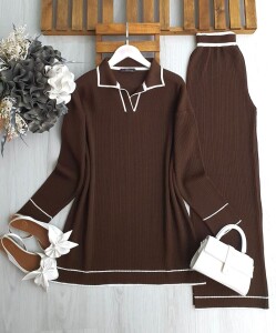 FONLE YAKALI İNCE BEYAZ GEÇİŞLİ DOKUMA TRİKO TAKIM A8-5-8146-37-KAHVE - 