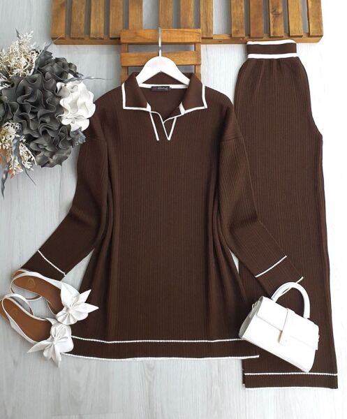 FONLE YAKALI İNCE BEYAZ GEÇİŞLİ DOKUMA TRİKO TAKIM A8-5-8146-37-KAHVE - 1