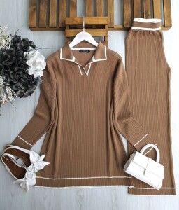 FONLE YAKALI İNCE BEYAZ GEÇİŞLİ DOKUMA TRİKO TAKIM A8-5-8146-48-BİSKÜVİ - 