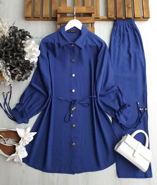 FOOL KOL ÇİFT BAĞLAMALI BELİ BAĞCIKLI İKİLİ TAKIM A10-6-1614 -11-İNDİGO - 1