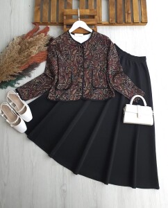 FORE ŞAL DESEN ÖNÜ DÜĞMELİ BİYELİ ETEKLİ TAKIM 1707-01-SİYAH - 