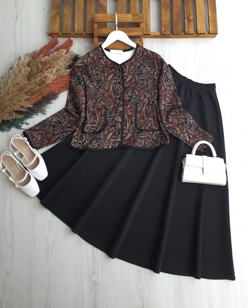 FORE ŞAL DESEN ÖNÜ DÜĞMELİ BİYELİ ETEKLİ TAKIM 1707-01-SİYAH - 1