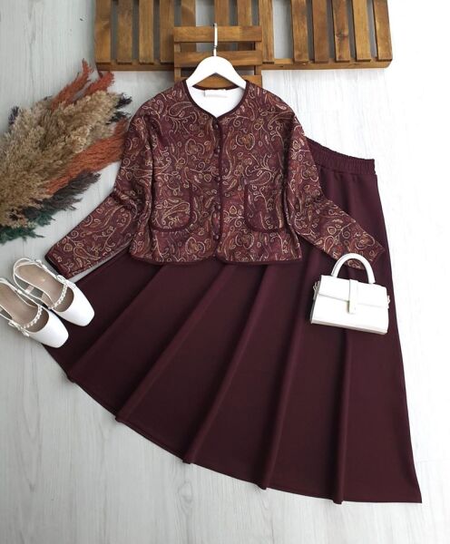 FORE ŞAL DESEN ÖNÜ DÜĞMELİ BİYELİ ETEKLİ TAKIM 1707-04-BORDO - 1
