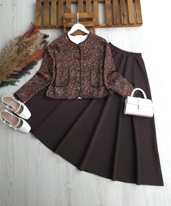 FORE ŞAL DESEN ÖNÜ DÜĞMELİ BİYELİ ETEKLİ TAKIM 1707-37-KAHVE - 