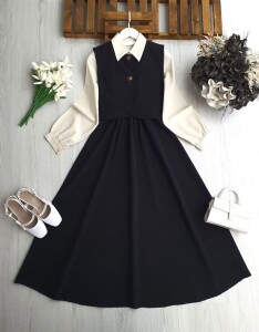 FOYDE GÖMLEK GARNİLİ BELİ LASTİKLİ ELBİSE İKİ DÜĞMELİ YELEK TAKIM 2421-01-SİYAH - 1