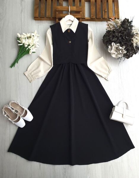 FOYDE GÖMLEK GARNİLİ BELİ LASTİKLİ ELBİSE İKİ DÜĞMELİ YELEK TAKIM 2421-01-SİYAH - 1