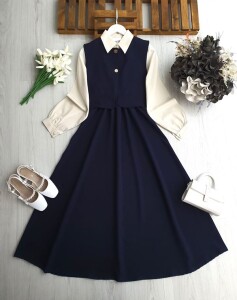 FOYDE GÖMLEK GARNİLİ BELİ LASTİKLİ ELBİSE İKİ DÜĞMELİ YELEK TAKIM 2421-12-LACİVERT - 1