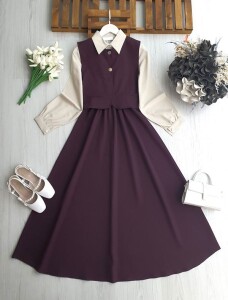 FOYDE GÖMLEK GARNİLİ BELİ LASTİKLİ ELBİSE İKİ DÜĞMELİ YELEK TAKIM 2421-18-MÜRDÜM - 1