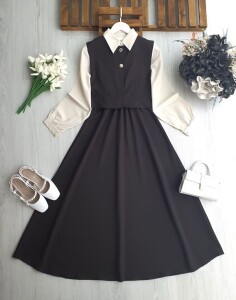 FOYDE GÖMLEK GARNİLİ BELİ LASTİKLİ ELBİSE İKİ DÜĞMELİ YELEK TAKIM 2421-37-KAHVE - 1