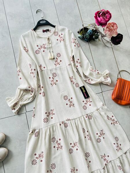 FOYES KAT KAT PÜSKÜLLÜ KETEN ELBİSE A10-4-2248-16-GÜL - 2