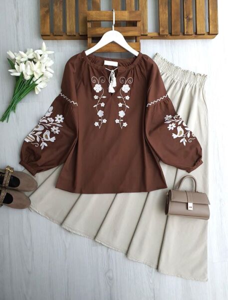 FUBCE BALON KOL NAKIŞLI GÖMLEK 5715-37-KAHVE - 1