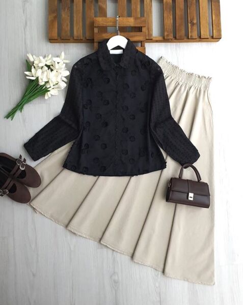 FUBCE İŞLEMELŞ NAKIŞLI YAKA VE KOL FİSTO GÖMLEK 5714-01-SİYAH - 1