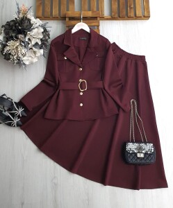 FUBE GOLD DÜĞMELİ ÇİFT CEP TOKALI KEMERLİ CEKET KİLOŞ ETEK 1691-04-BORDO - 