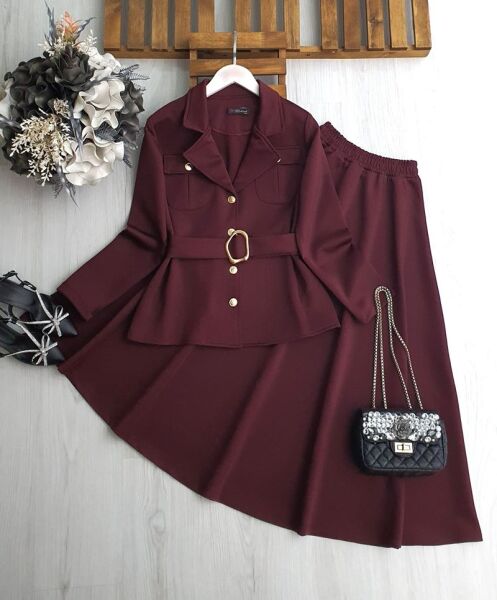 FUBE GOLD DÜĞMELİ ÇİFT CEP TOKALI KEMERLİ CEKET KİLOŞ ETEK 1691-04-BORDO - 1