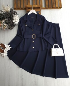 FUBE GOLD DÜĞMELİ ÇİFT CEP TOKALI KEMERLİ CEKET KİLOŞ ETEK TAKIM B3-7-1691-12-LACİVERT - 1