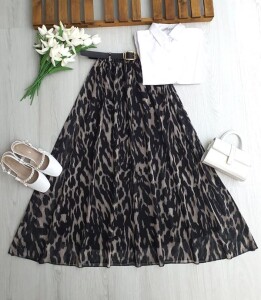 FUDS LEOPAR DESEN DERİ KEMERLİ BELİ LASTİKLİ ASTARLI ŞİFON ETEK 6109-01-SİYAH - 