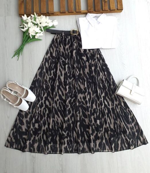 FUDS LEOPAR DESEN DERİ KEMERLİ BELİ LASTİKLİ ASTARLI ŞİFON ETEK 6109-01-SİYAH - 1
