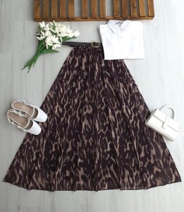 FUDS LEOPAR DESEN DERİ KEMERLİ BELİ LASTİKLİ ASTARLI ŞİFON ETEK 6109-37-KAHVE - 