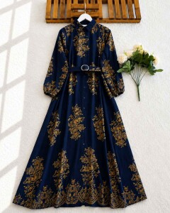 FULHAS ÖNÜ DÜĞMELİ KEMERLİ DİJİTAL BASKILI VİSKON ELBİSE 2347-12-LACİVERT - 