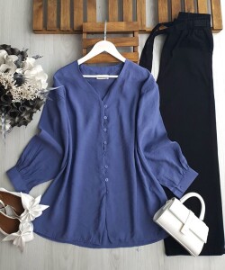 FULIS ÖNÜ SIRALI DÜĞMELİ HIRKA TUNİK A8-3-5535-11-İNDİGO - 