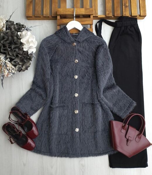 FULN ÇİFT CEP ÖNÜ DÜĞMELİ KAPŞONLU KAP A7-6-3199-58-FÜME - 1