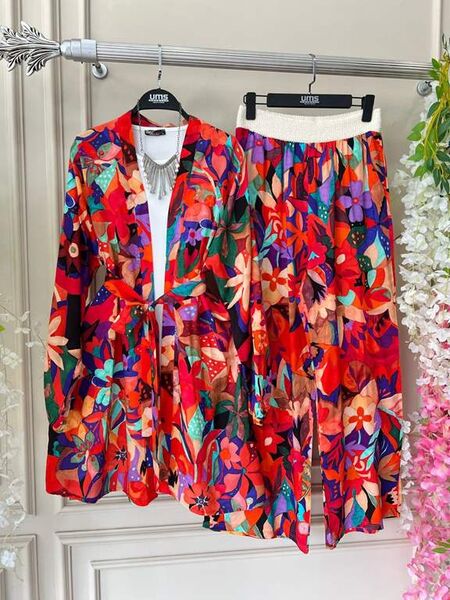 FULYA DESENLİ PANTOLON HASIR BEL KİMONO İKİLİ TAKIM C12-1537-03-KIRMIZI - 1