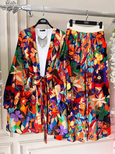 FULYA DESENLİ PANTOLON HASIR BEL KİMONO İKİLİ TAKIM C12-1537-06-KİREMİT - 1