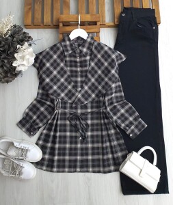 FUVAL OMUZ ŞALLI BELİ İPLİ EKOSE GÖMLEK TUNİK 5653-01-SİYAH - 1