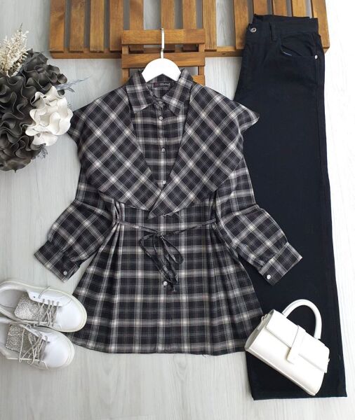 FUVAL OMUZ ŞALLI BELİ İPLİ EKOSE GÖMLEK TUNİK 5653-01-SİYAH - 1