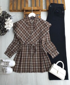FUVAL OMUZ ŞALLI BELİ İPLİ EKOSE GÖMLEK TUNİK 5653-37-KAHVE - 1