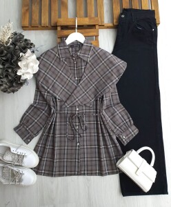 FUVAL OMUZ ŞALLI BELİ İPLİ EKOSE GÖMLEK TUNİK 5653-58-VİZON - 1