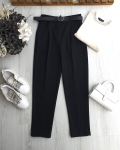 FUZAN BELİ DÜĞMELİ VE LASTİKLİ DERİ KEMERLİ BALIKSIRTI DAR PAÇA PANTOLON 6095-01-SİYAH - 