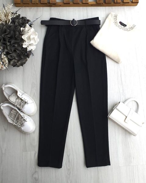 FUZAN BELİ DÜĞMELİ VE LASTİKLİ DERİ KEMERLİ BALIKSIRTI DAR PAÇA PANTOLON 6095-01-SİYAH - 1