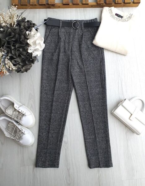 FUZAN BELİ DÜĞMELİ VE LASTİKLİ DERİ KEMERLİ BALIKSIRTI DAR PAÇA PANTOLON 6095-26-GRİ - 1