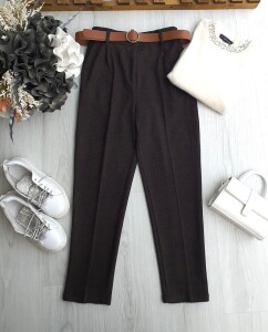 FUZAN BELİ DÜĞMELİ VE LASTİKLİ DERİ KEMERLİ BALIKSIRTI DAR PAÇA PANTOLON 6095-37-KAHVE - 