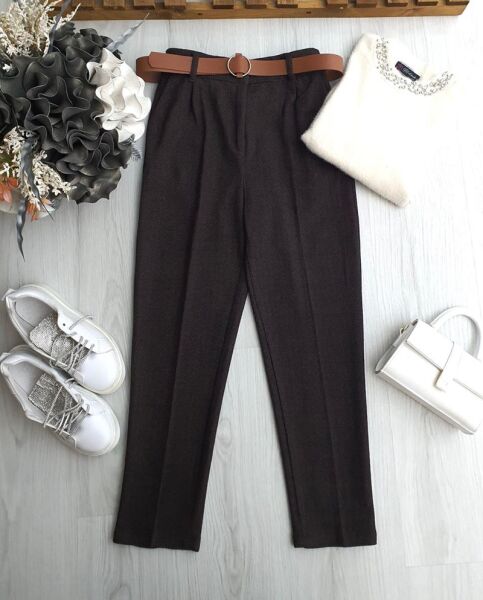 FUZAN BELİ DÜĞMELİ VE LASTİKLİ DERİ KEMERLİ BALIKSIRTI DAR PAÇA PANTOLON 6095-37-KAHVE - 1