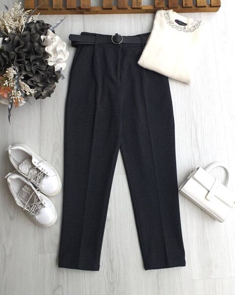 FUZAN BELİ DÜĞMELİ VE LASTİKLİ DERİ KEMERLİ BALIKSIRTI DAR PAÇA PANTOLON 6095-58-FÜME - 1