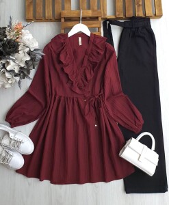 FUZLE FIRFIRLI YAN BAĞLAMALI KİMONO 3194-04-BORDO - 