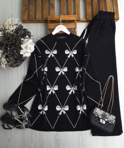 GAMEZ TAŞLI FİYONK DESENLİ TRİKO TUNİK 8151-01-SİYAH - 