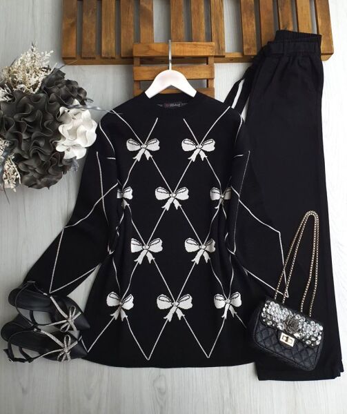 GAMEZ TAŞLI FİYONK DESENLİ TRİKO TUNİK 8151-01-SİYAH - 1