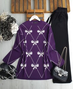 GAMEZ TAŞLI FİYONK DESENLİ TRİKO TUNİK 8151-02-MOR - 