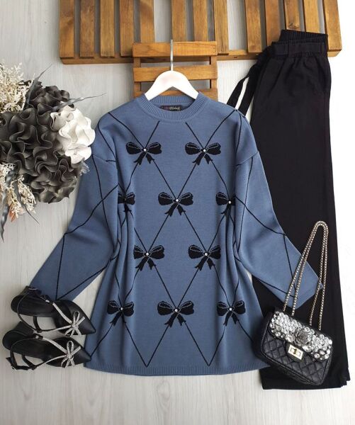 GAMEZ TAŞLI FİYONK DESENLİ TRİKO TUNİK 8151-11-İNDİGO - 1