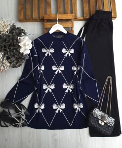 GAMEZ TAŞLI FİYONK DESENLİ TRİKO TUNİK 8151-12-LACİVERT - 