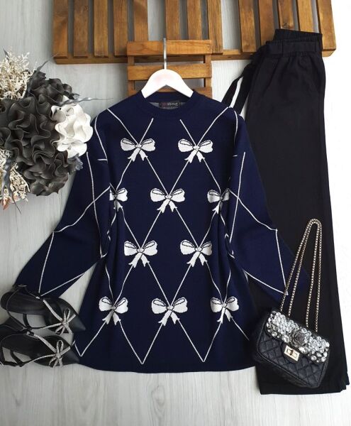 GAMEZ TAŞLI FİYONK DESENLİ TRİKO TUNİK 8151-12-LACİVERT - 1