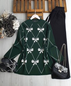 GAMEZ TAŞLI FİYONK DESENLİ TRİKO TUNİK 8151-27-ZÜMRÜT - 