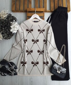 GAMEZ TAŞLI FİYONK DESENLİ TRİKO TUNİK 8151-34-BEJ - 