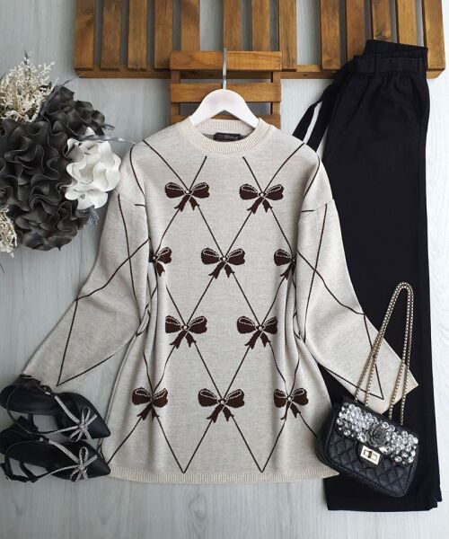 GAMEZ TAŞLI FİYONK DESENLİ TRİKO TUNİK 8151-34-BEJ - 1